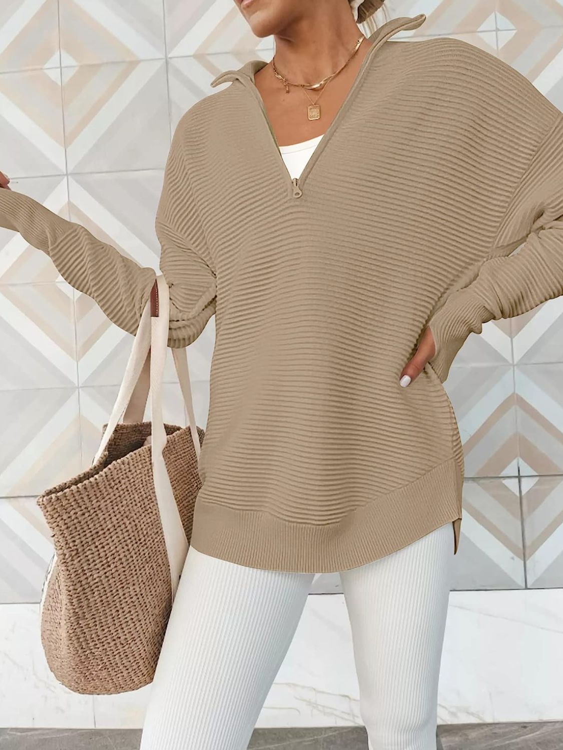 Half Zip Long Sleeve Knit Top Khaki
