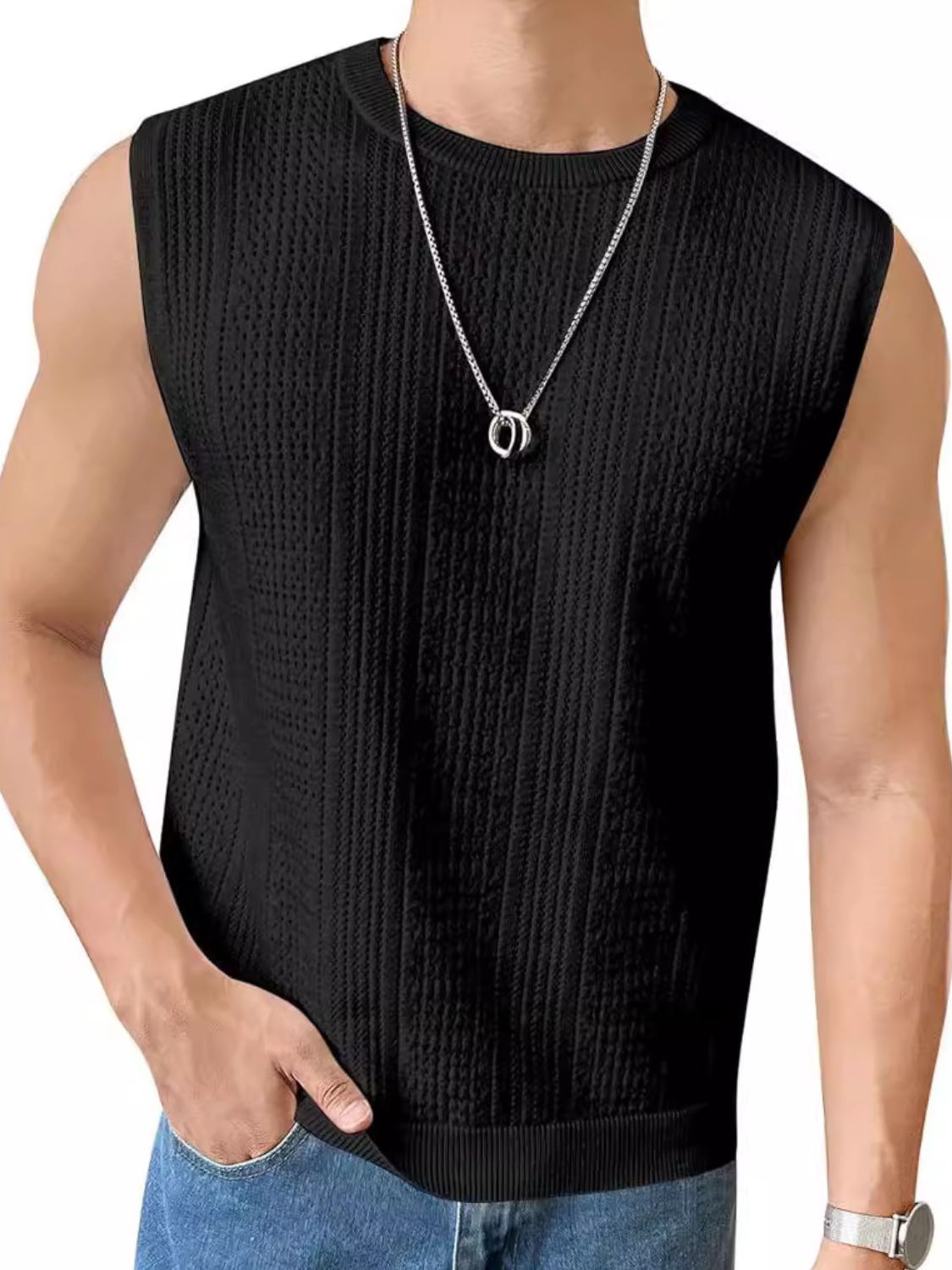Men's Full Size Eyelet Round Neck Tank Plus Size Black
