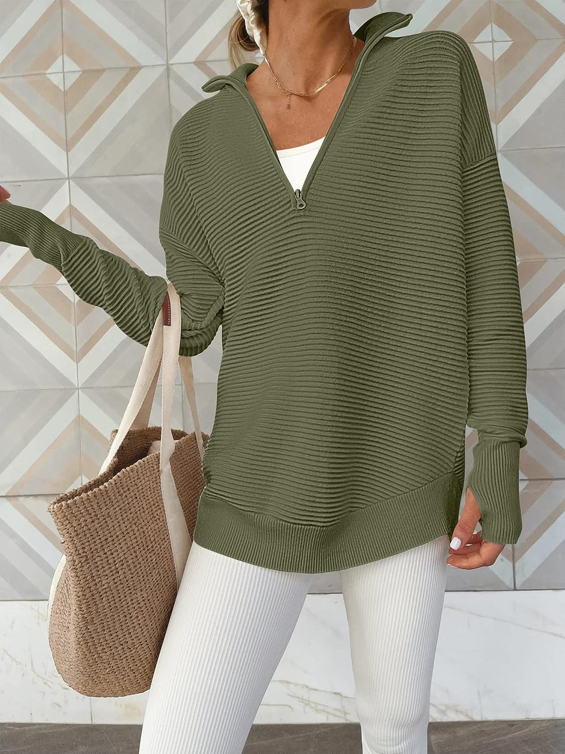 Half Zip Long Sleeve Knit Top Moss