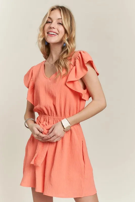 ADORA Ruffle Sleeves Romper with Pockets