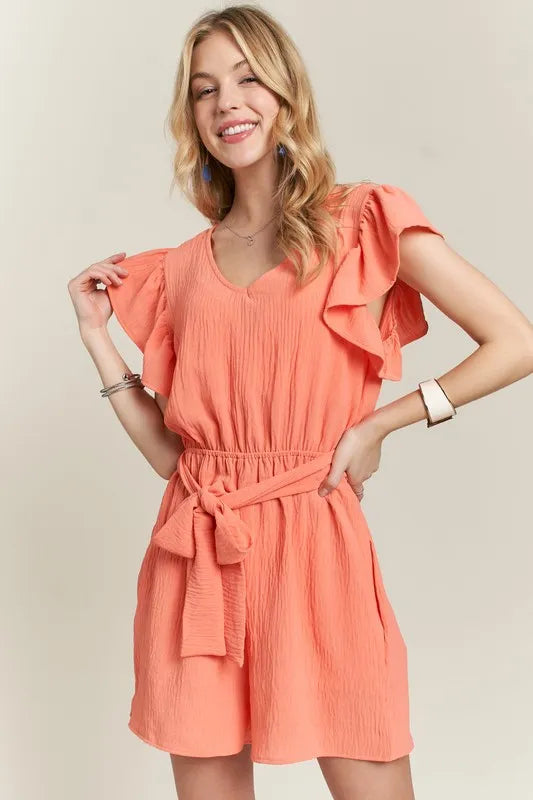 ADORA Ruffle Sleeves Romper with Pockets CORAL