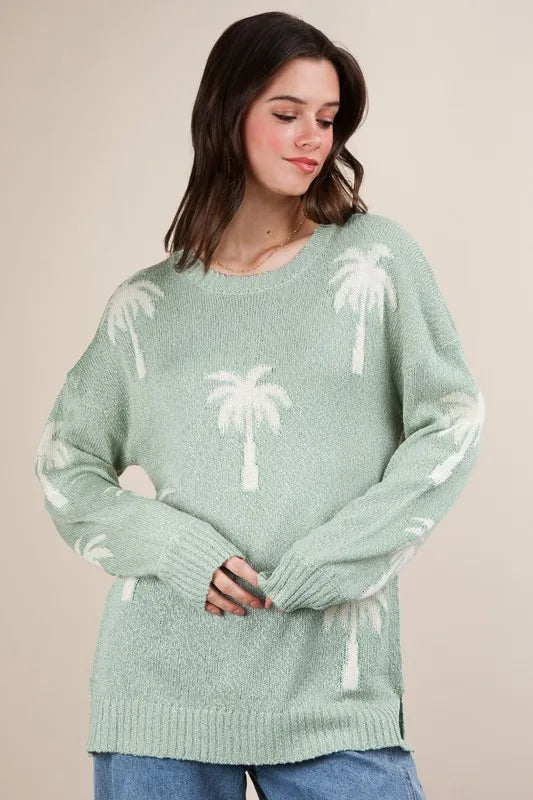 VERY J Palm Tree Graphic Oversized Knit Sweater Sage