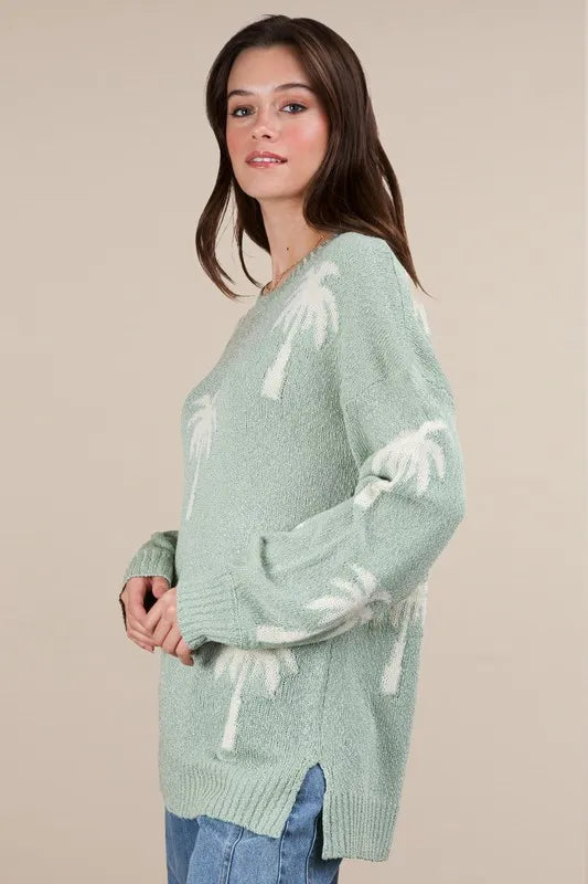 VERY J Palm Tree Graphic Oversized Knit Sweater
