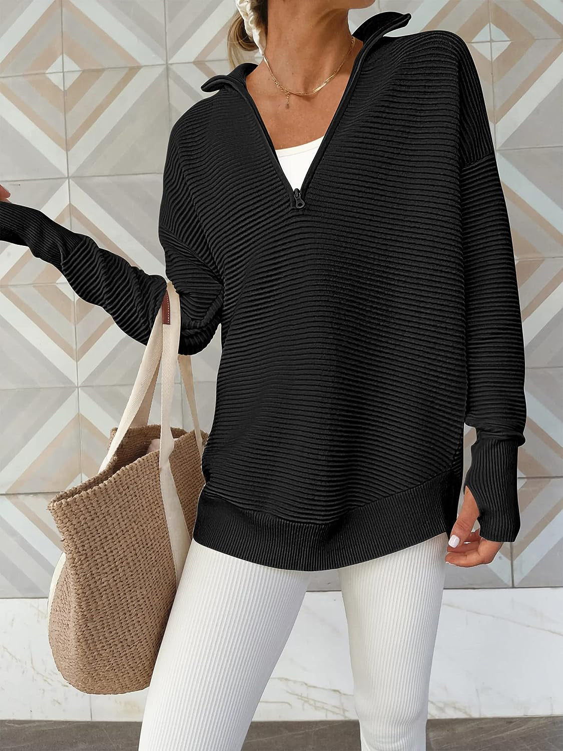 Half Zip Long Sleeve Knit Top Black