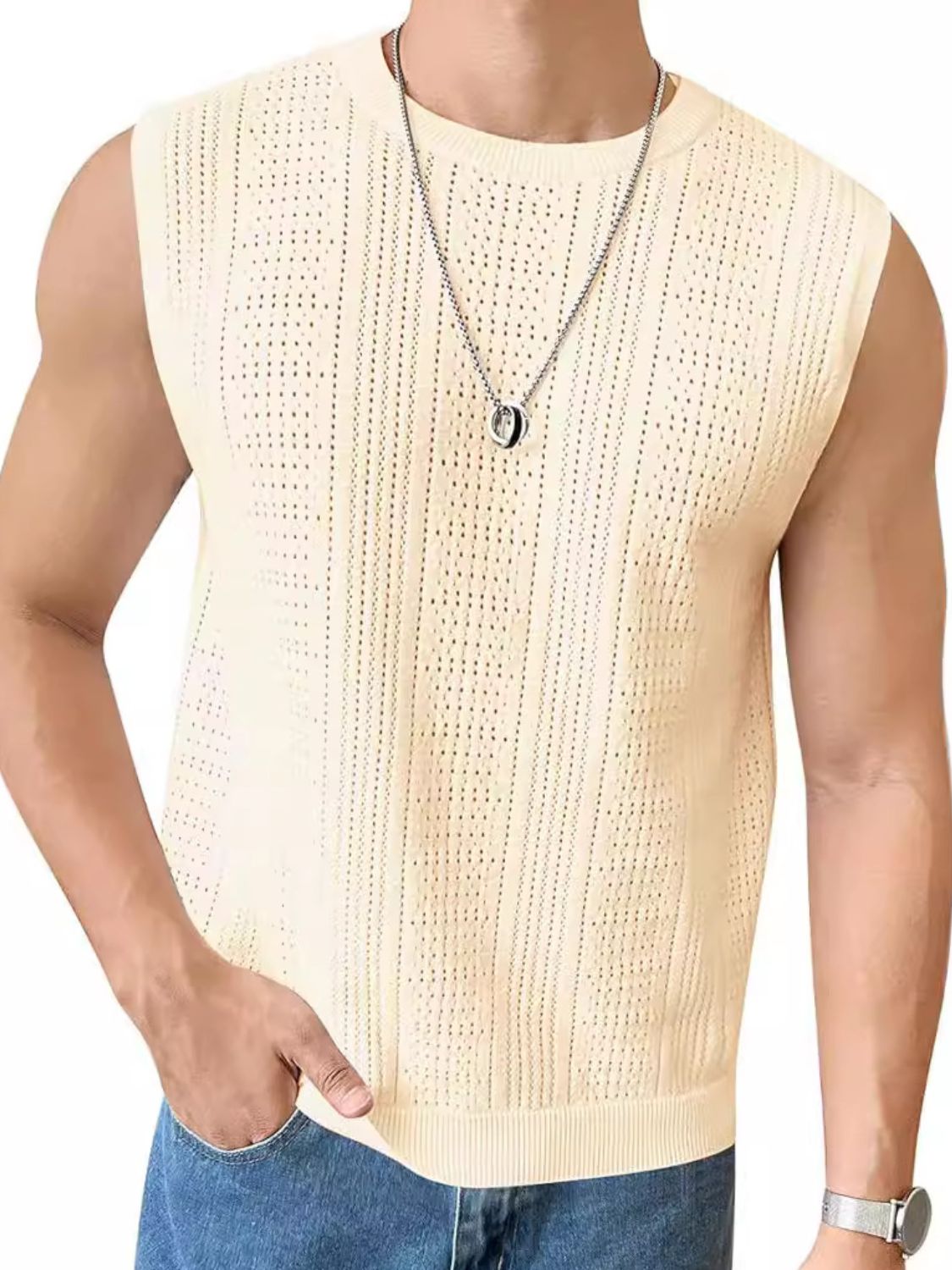 Men's Full Size Eyelet Round Neck Tank Plus Size Beige