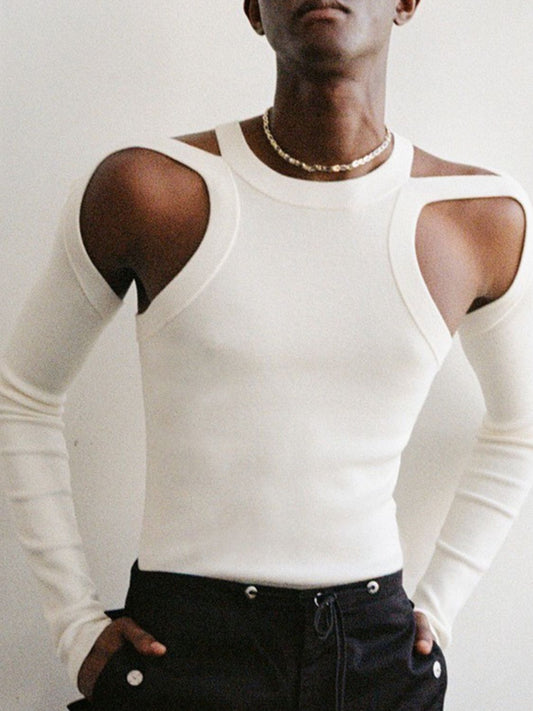 Men's Full Size Cutout Round Neck Long Sleeve Top Plus Size White