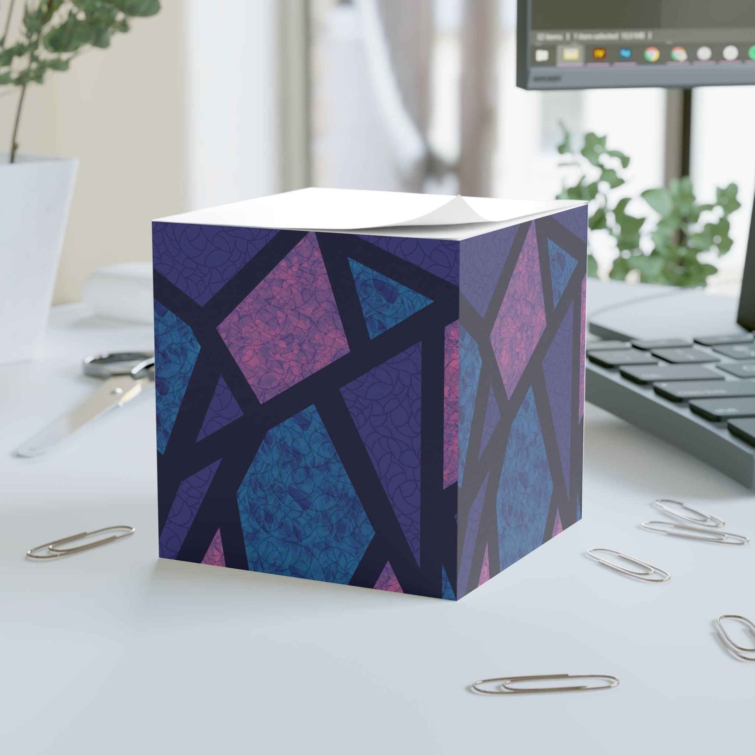 Geometric Note Cube: Colorful Memo Pad, Office Decor, Stylish Desk Accessory, Gift for Students, Abstract Paper, Modern Home Supply