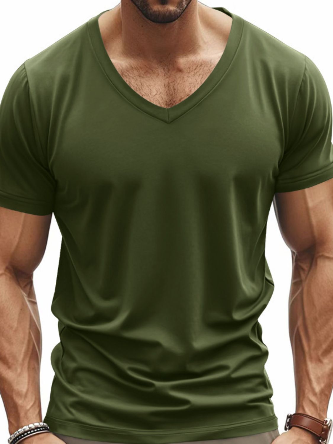 Men's Full Size V-Neck Short Sleeve T-Shirt Plus Size Army Green