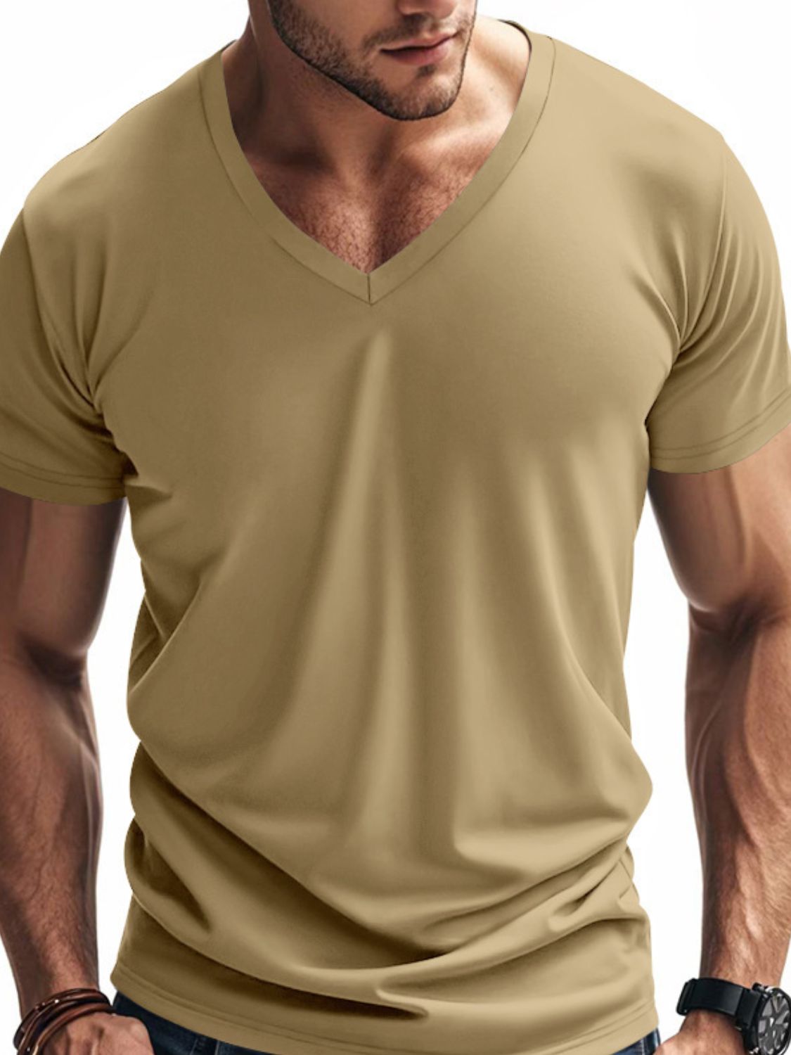 Men's Full Size V-Neck Short Sleeve T-Shirt Plus Size Khaki