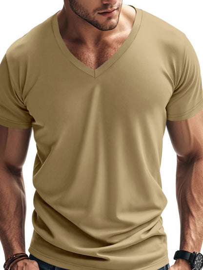 Men's Full Size V-Neck Short Sleeve T-Shirt Plus Size Khaki