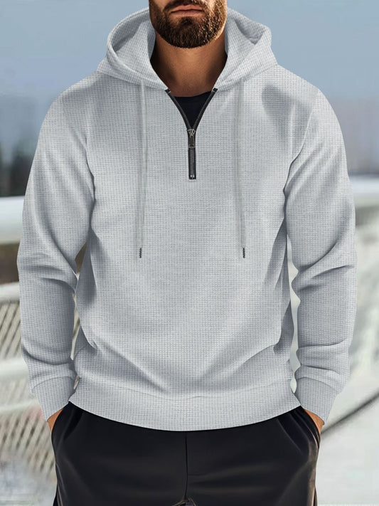 Men's Full Size Quarter Zip Long Sleeve Drawstring Hoodie Plus Size Gray