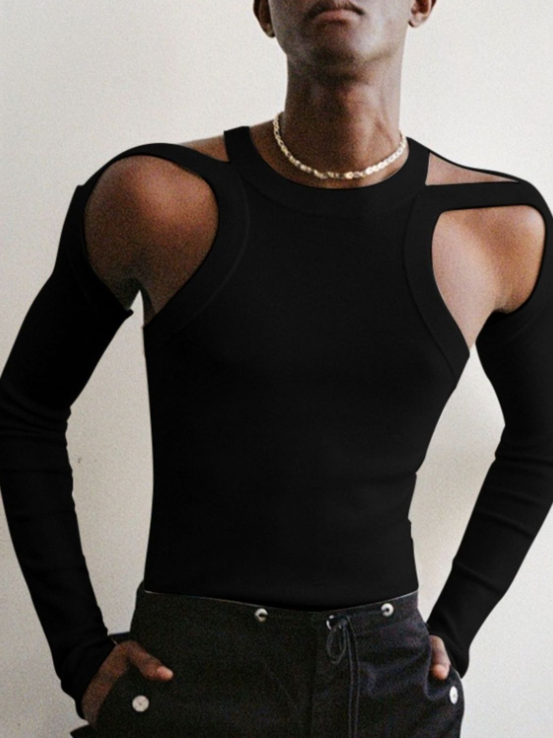 Men's Full Size Cutout Round Neck Long Sleeve Top Plus Size Black