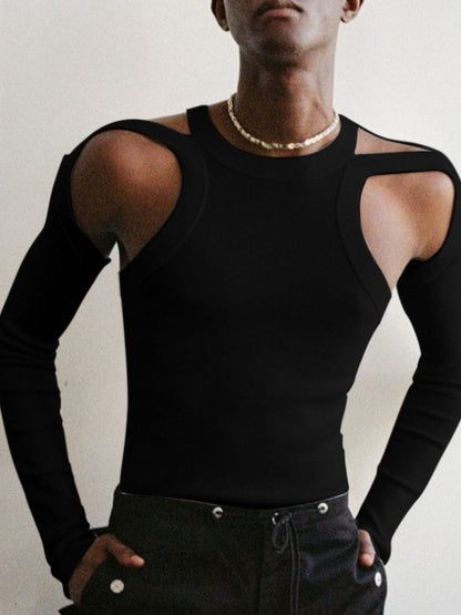 Men's Full Size Cutout Round Neck Long Sleeve Top Plus Size Black